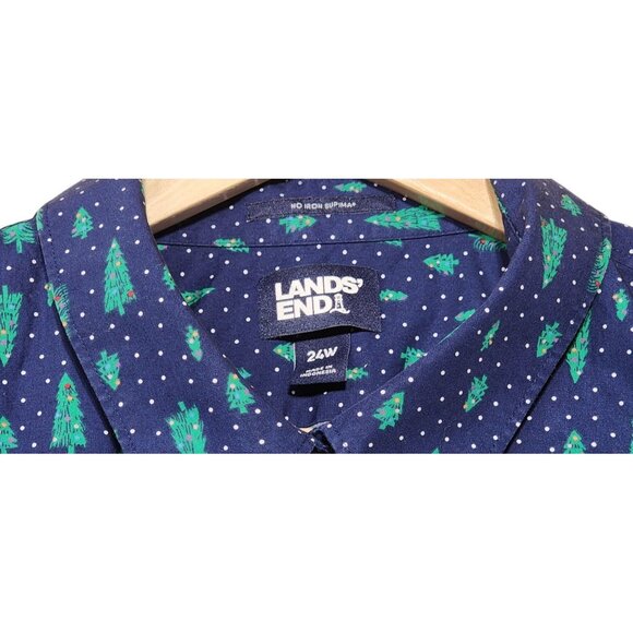 Lands End Womens No Iron Supima Shirt 24W Blue Christmas Green Trees Pattern - Picture 4 of 8